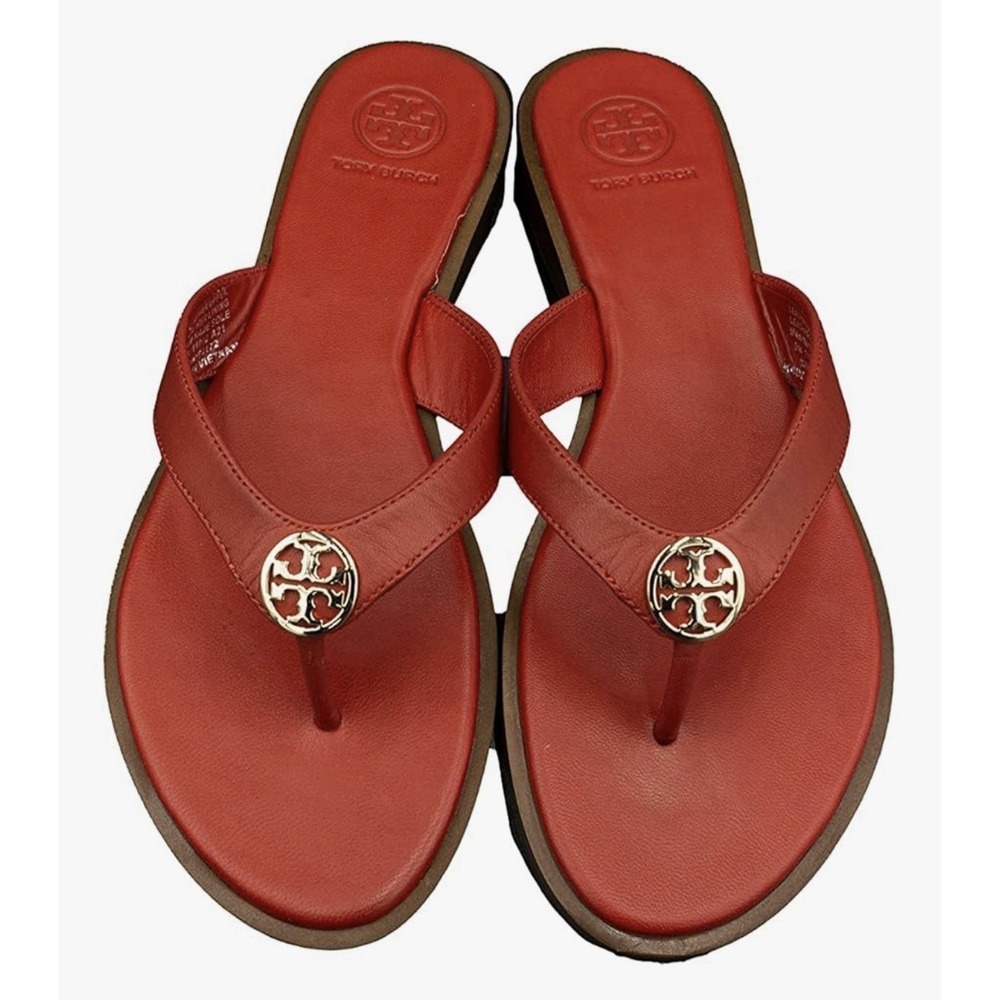 Tory Burch Benton Thong Red Leather Sandals Size 8M Gold Logo